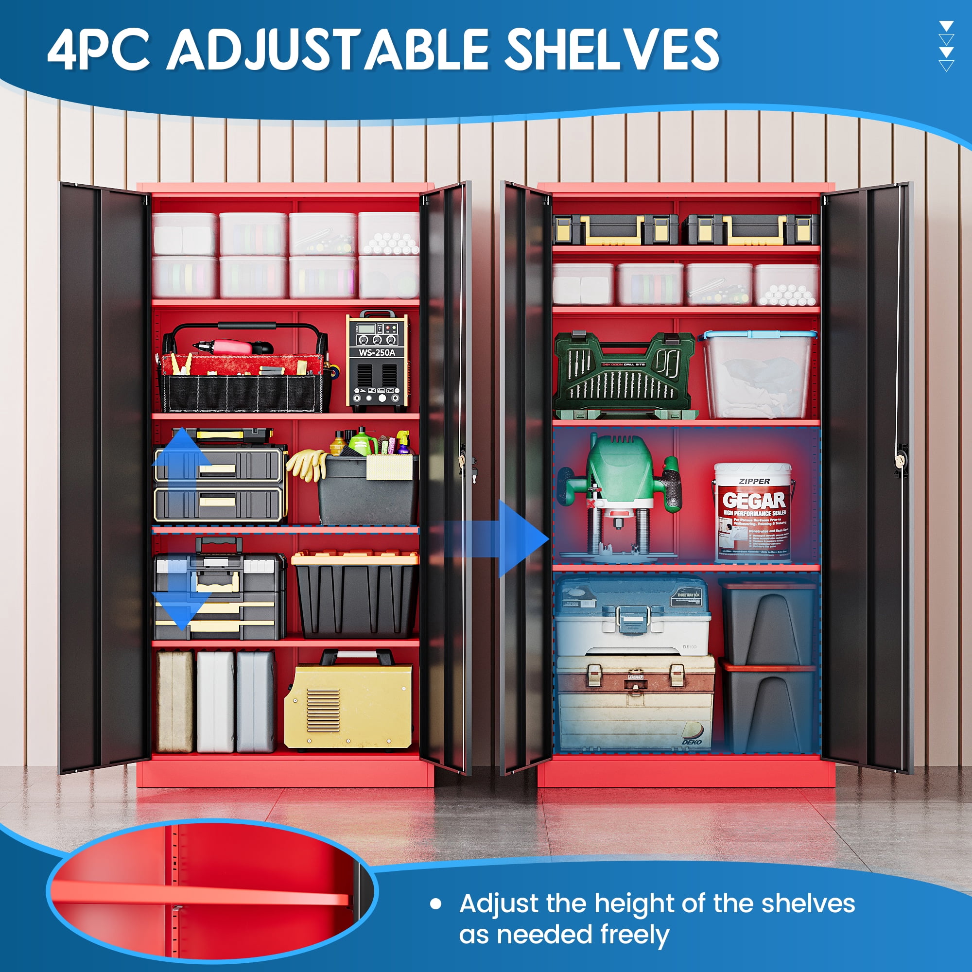 Fesbos Metal Storage Cabinet with Locking Doors, Red Black Garage Lockable Steel Cabinets with 2 Doors and 4 Shelves for Home, Garage, Pantry Workshop Warehouse