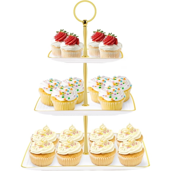 3 Tier Cupcake Stand Tower, Plastic White Cup Cake Holder for Dessert stands, Tiered Serving Tray for Tea Party, Birthday Party, Wedding Decor and Baby Shower(Square)