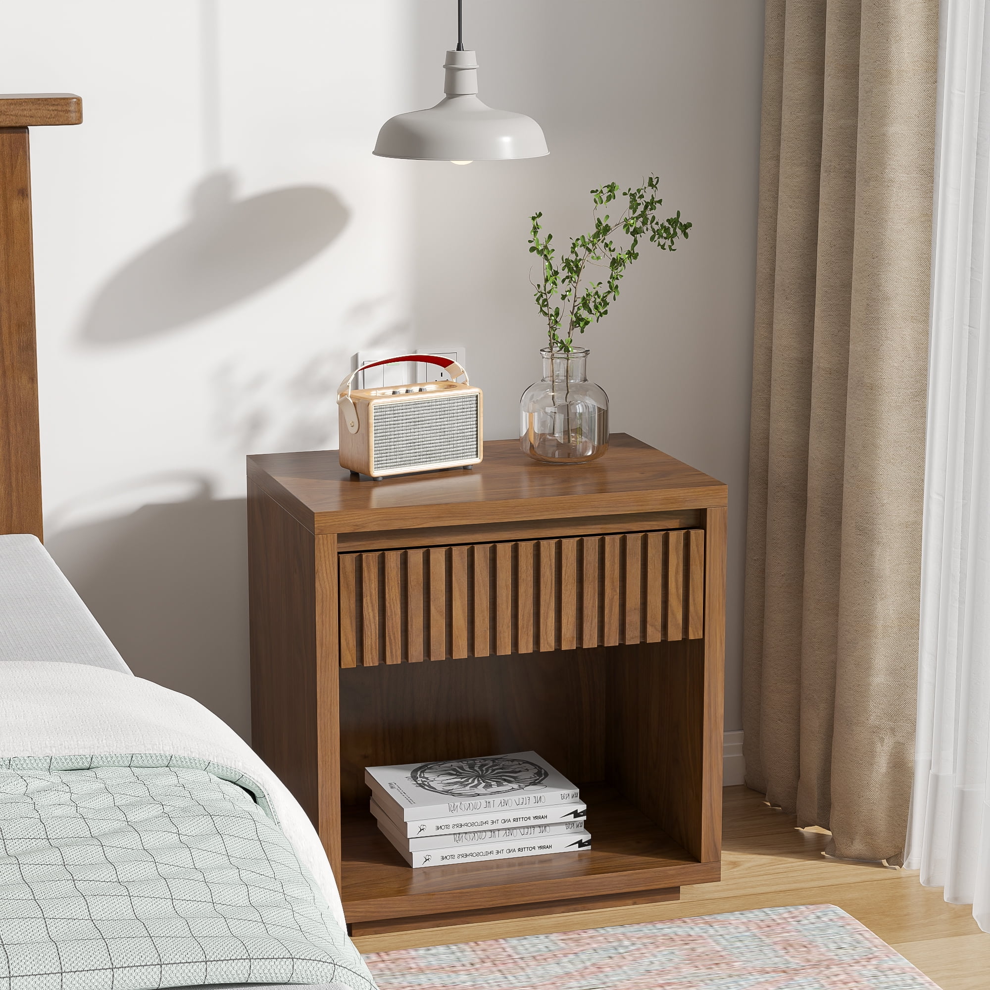 Nightstand with Drawer, Mid Century Nightstands with Open Storage Shelf, Wood Bedside Table