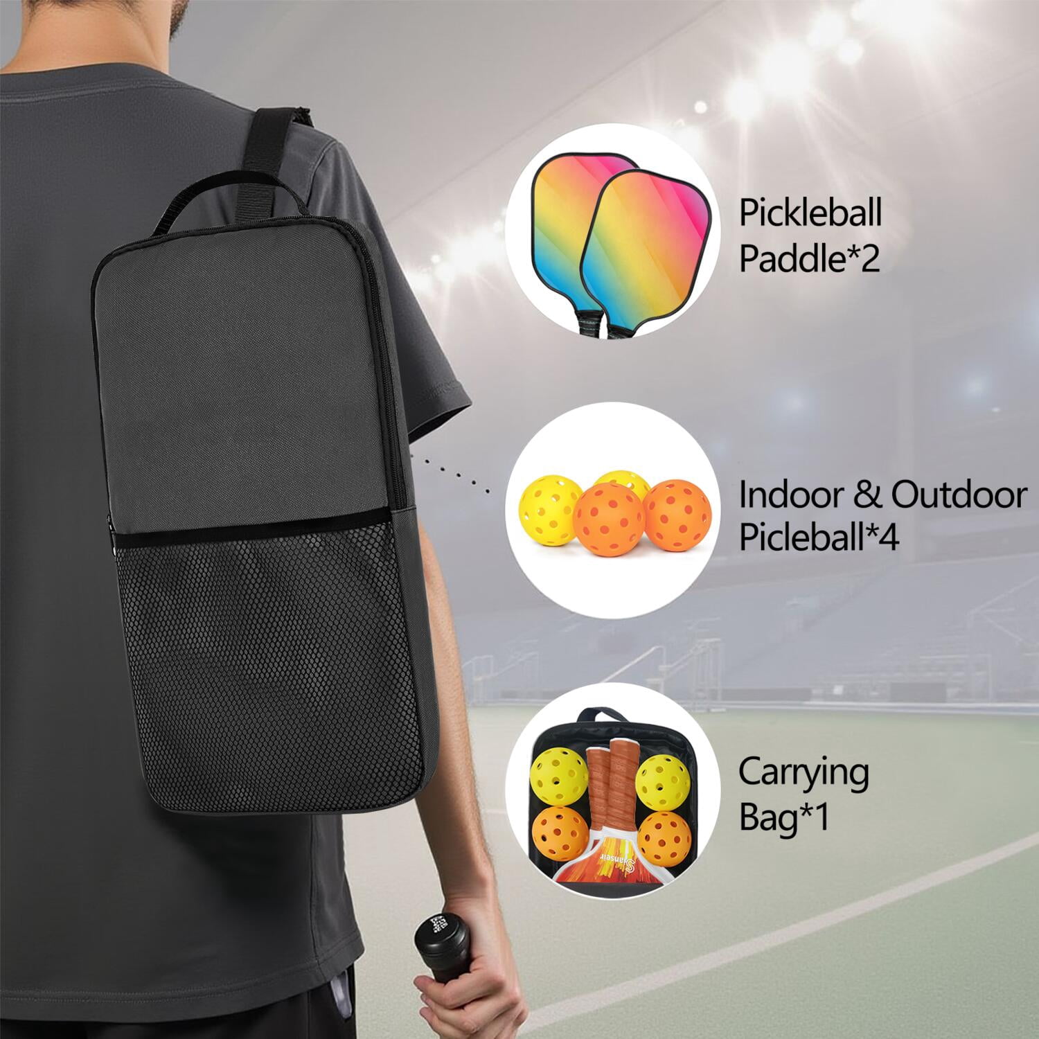 Pickleball Paddles Set Of 2, Fiberglass Surface, Vibrant Rainbow Print, 4 Balls & Bag