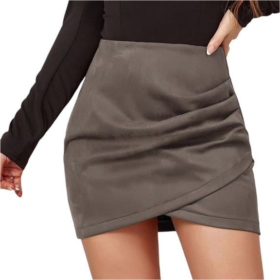 LWavelet Ruched Wrap Mini Skirt Women Stylish Fall Casual Slim-Fit Trendy Bottoms Gray XL