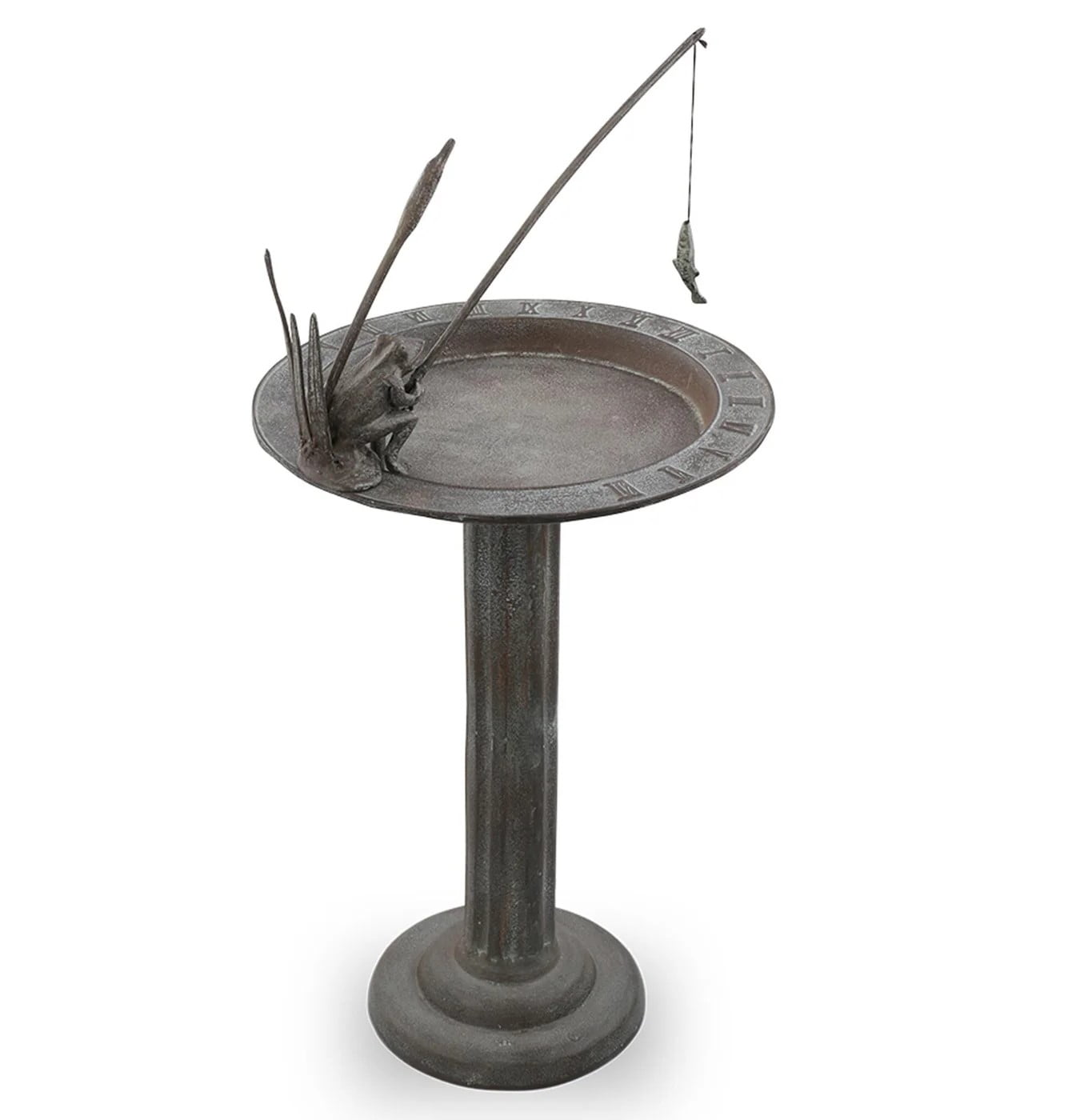 Fishing Frog Verdigris Green Metal Birdbath
