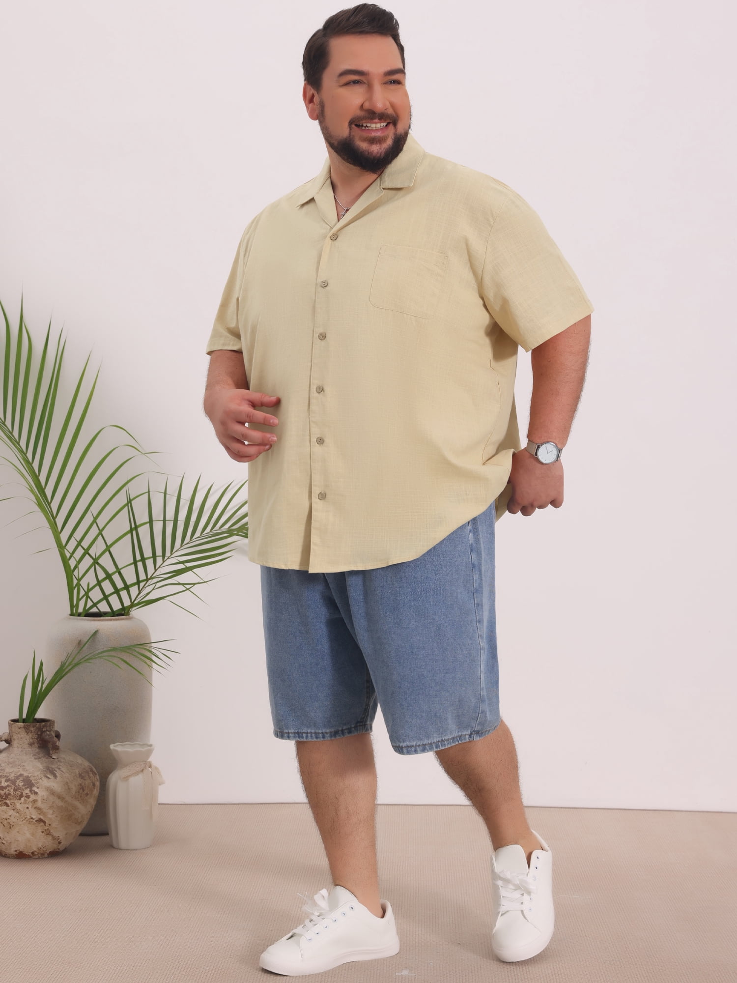 DARING DIVA Men's Big & Tall Summer Beach Camp Collar Short Sleeve Shirt 2XL Beige
