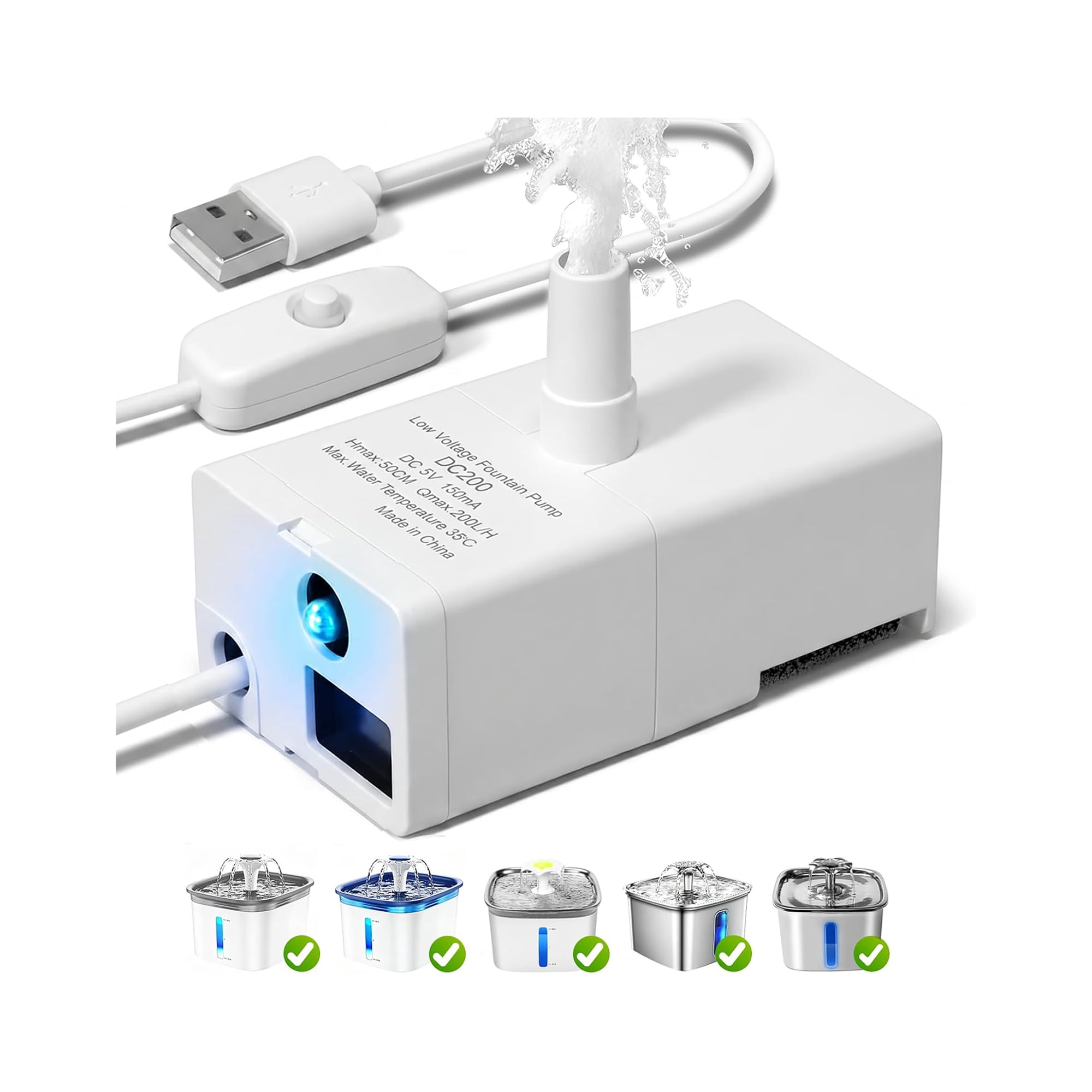 CURYMAY Cat Water Fountain Pump Replacement Pump for 50Oz 95Oz and 108Oz Pet Fountain Dog Water Dispenser Ultra Quiet Long Lifespan Usb Water Pump with Led Switch Low Consumption