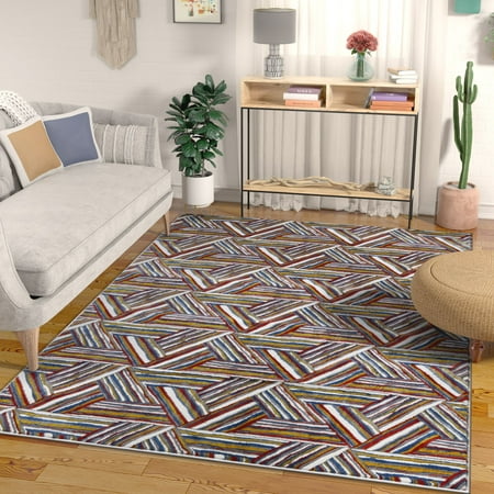 - Essence Multi Red Blue & Yellow Modern Geometric High-Low Pile Area Rug 3x5 (3'11
