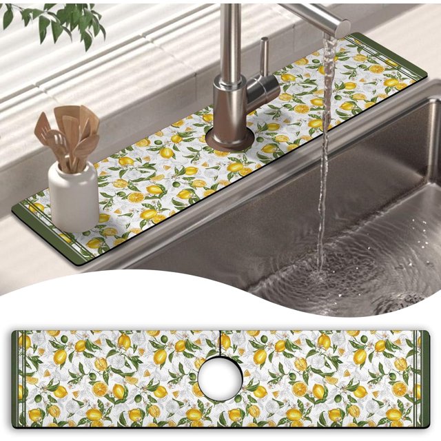 Kitchen Sink Splash Guard Faucet Mat 24" X 5.5" Lemon Farmhouse Absorbent Fast Drying Mat Faucet Draining Mat Sink Splash Guard Behind Faucet Drip Catcher for Kitchen Bathroom