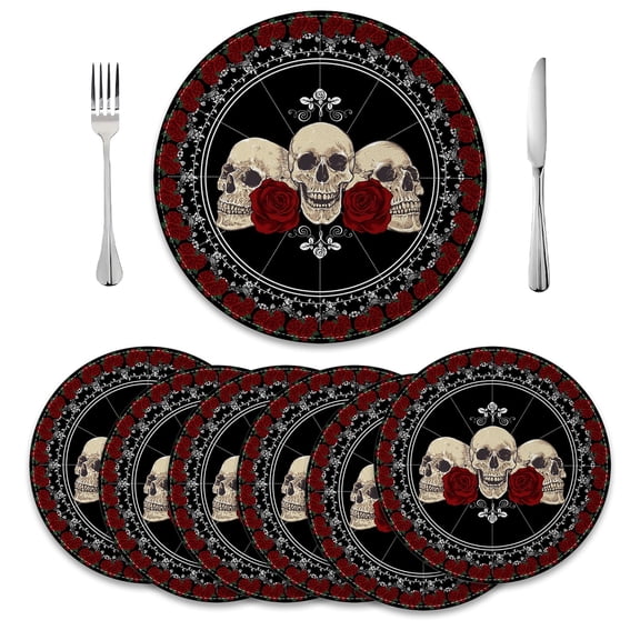 MIZHONA Halloween Skull Round Placemats Set of 6 Skeleton Table Mat 14 inch for Kitchen Dining Table Decoration