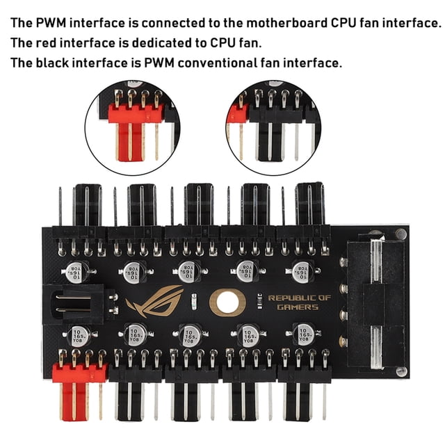 10 Port PC Chassis Fan Hub CPU Cooling Hub 10-Channel Computer Motherboard 4Pin PWM Cooling Fan Hub Set Line Board for Extended Motherboard Interface