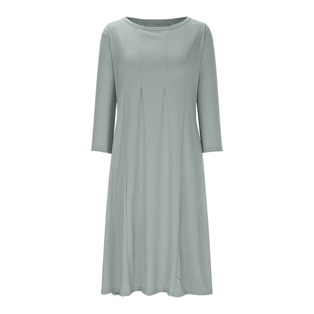cfhntfmh Robes d'Automne pour Femmes Décontractées Manches 3/4 Col Ras du Cou Robe Midi Fluide Coton Doux Ample Plissée Robe de Vacances