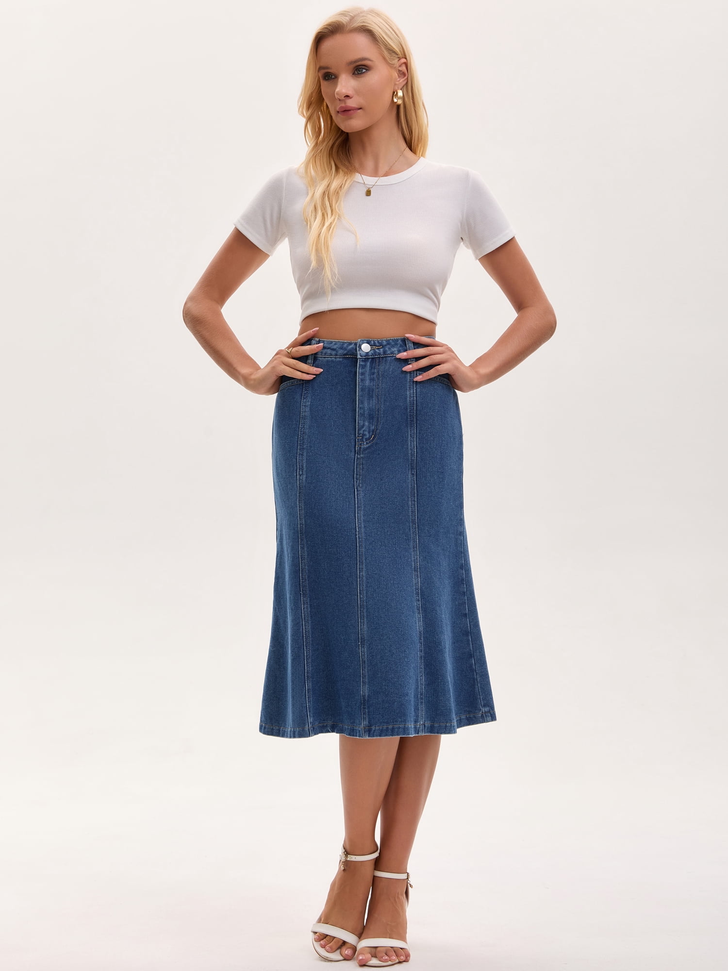 DARING DIVA Women's Denim Ruffle Below Knee Fishtail Jean Skirts Large Blue