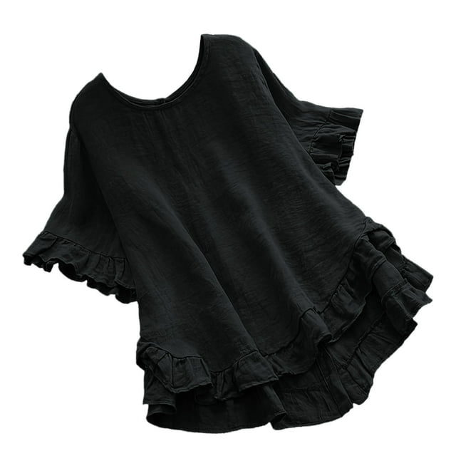Women Spring Summer Clothing Solid Button Back Ruffled Trim Blouse Casual Short Sleeve Blouse