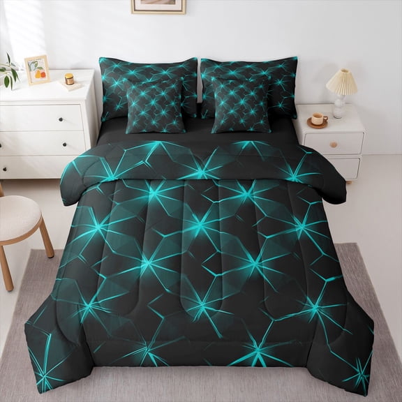 Manfei Boys Children Geometric Grid Plaid 7-Piece Twin Bedding Sets,Abstract Neon Lights Bedding Comforter Set,Futuristic Cubes Breathable Sheet Sets,Luxury Bedroom Decor,Reversible
