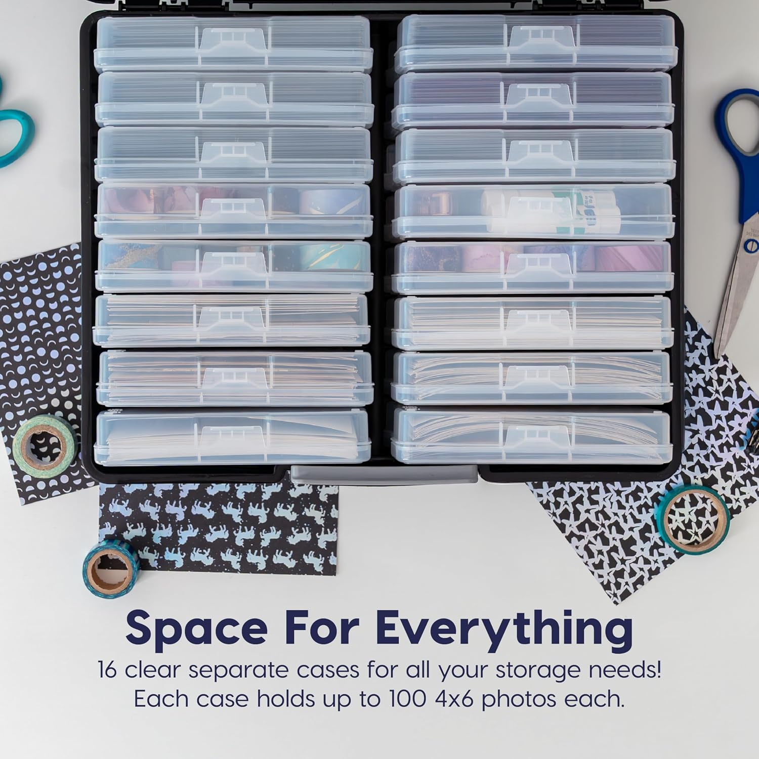 IRIS Photo Storage Case with 16 Inner 4" x 6" Picture Holders, Black, Opaque Organizer with Handle for Photos