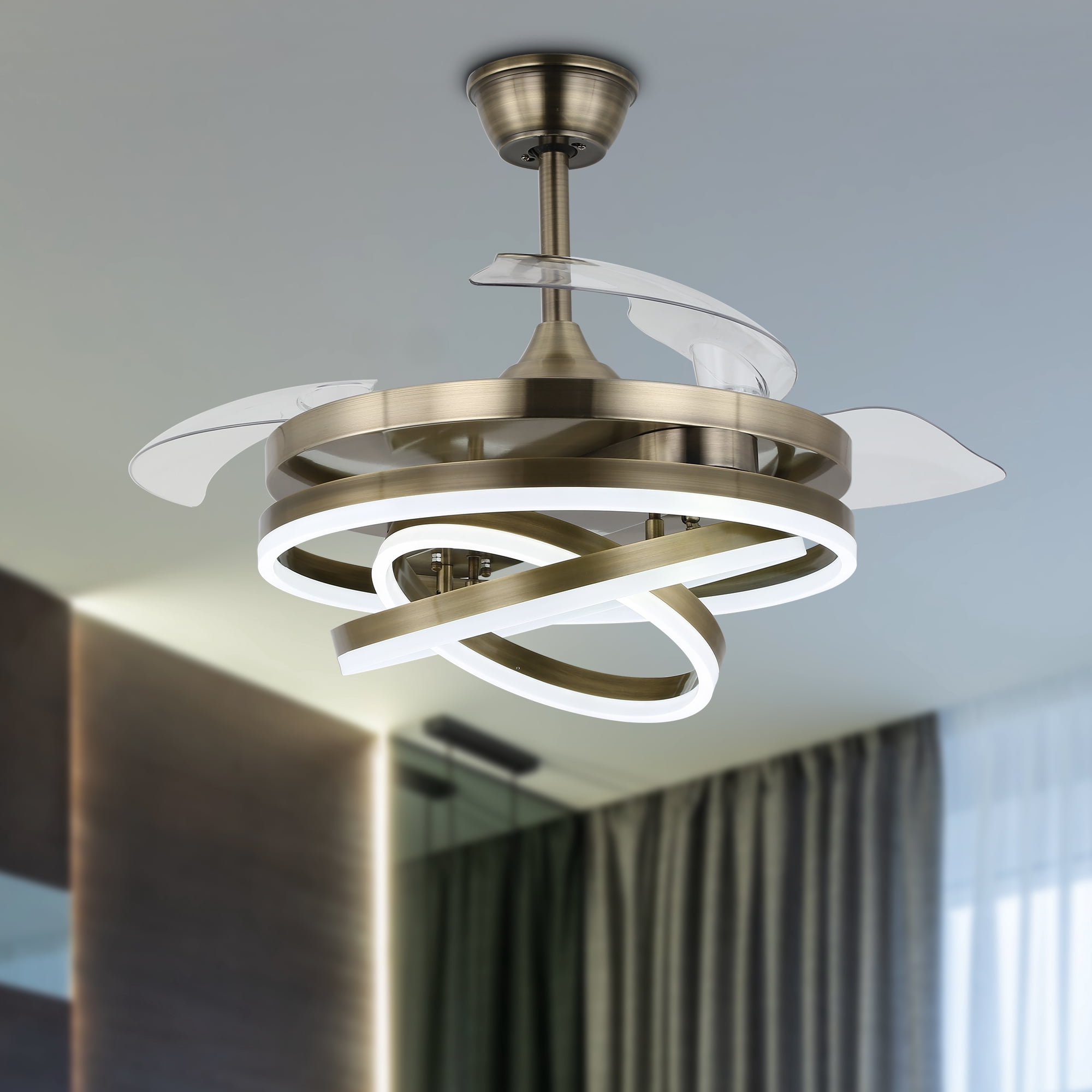 42Inch Modern Reversible Ceiling Fan with Dimmable LED Light, 6-Speed DIY Shape Retractable Ceiling Fan with Remote