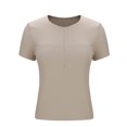 thumbnail image 5 of Olyvenn Women Basic Adjustable Zip Up Short Sleeve T-Shirt Workout Crop Top Double Lined Tank Slim Fitted Ruched Going Out Top Beige XL, 5 of 8