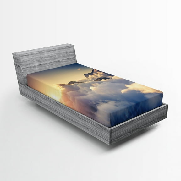 Ambesonne Mountain Fitted Sheet, Climbing Above Clouds, Twin Size, Beige Navy
