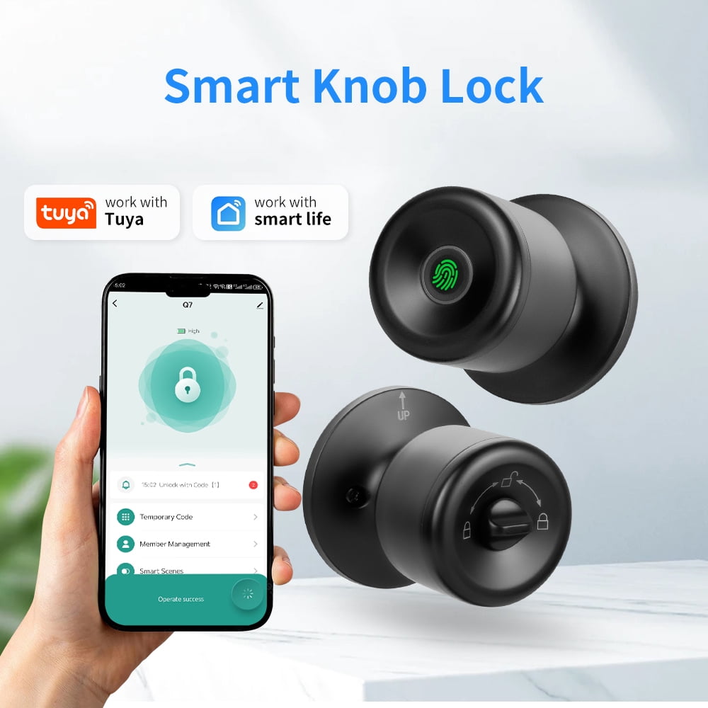 Fingerprint Door Lock, Smart Fingerprint DoorKnob with Lock, Biometric Door knob with AppControl & Key, Keyless Thumbprint Entry DoorLock for Bedroom, Front Door, Home, ApartmentOffice-Matte Black