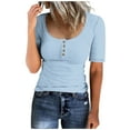 thumbnail image 2 of WREESH Women's Ribbed Knit Henley Crop Tops Round Neck Button T-Shirt in Solid Colors, Short Sleeve Slim Crop Top for a Trendy Look Light Blue, 2 of 5