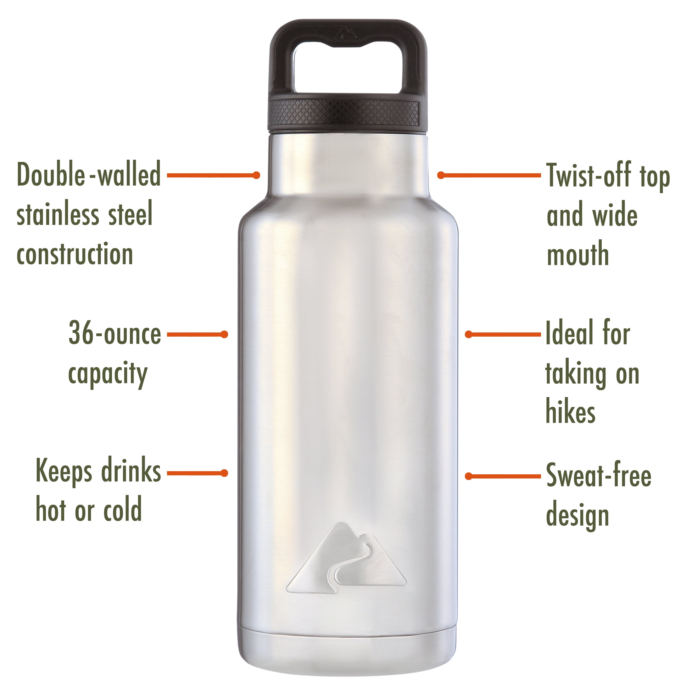 (2 pack) Ozark Trail 36 oz Stainless Steel Insulated Water Bottle with Wide Mouth Lid, Silver and Black