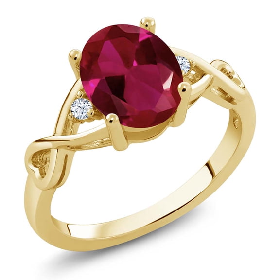 Gem Stone King 18K Yellow Gold Plated Silver Red Created Ruby Women Engagement Ring (2.09 Ct Oval, Available in Size 5, 6, 7, 8, 9)