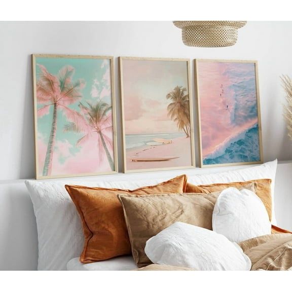 Luvia Set Of 3 Pink Vintage Prints Palm Tree Surf Poster Pastel Beach Decor Pink Sunset Coastal Trendy Gallery Preppy, Modern Wall Decor Set 3 Prints 8x12 UNFRAMED
