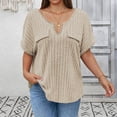 thumbnail image 3 of Plus Size Short Sleeve Tops Women Loose Fit Soft Ribbed Knit Casual V Neck Tunic T-shirts with Faux Pocket (XL, Khaki), 3 of 6