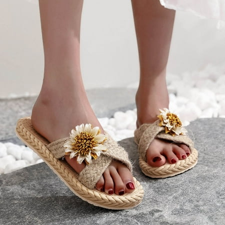 

uikmnh Slippers for Women Spring And Summer Imitation Straw Woven Women Flat Sandals And Flip Flops Sunflower Beach Slippers White 8