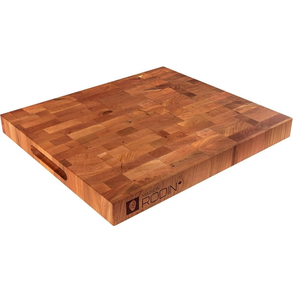 MAISON RODIN Butcher Block Cherry End-Grain Wood 18"x16"x1.75", Made in Canada, Extra Large Extra Thick Wooden Cutting Board with Handgrips, Kitchen Essentials