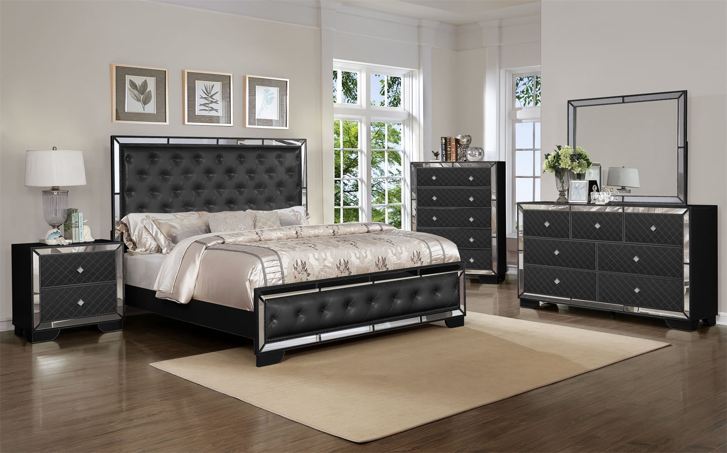 5Pcs Queen Size Bedroom Furniture Set, Upholstered Platform Bed with