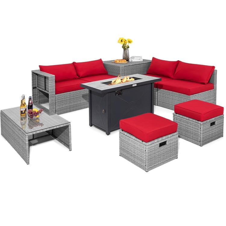GVN 9 Pieces Patio Furniture Set with 42 Inches 60000 BTU Fire Pit-Red, Outdoor Sofa Sectional , Coffee Table for Patio Back Deck, Balcany, Poolside GVN 9 Pieces Patio Furniture Set with 42 Inches 60000 BTU Fire Pit-Red, Outdoor Sofa Sectional , Coffee Table for Patio Back Deck, Balcany, Poolside