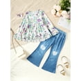 thumbnail image 3 of Mikrdoo Kid Girls Pants Sets 4Y,5Y,6Y,7Y,8Y Girl Floral Print Flare Sleeve Dress Tops Ripped Jeans Demin Trousers 2Pcs Fall Winter Clothing 8 Years Purple, 3 of 8