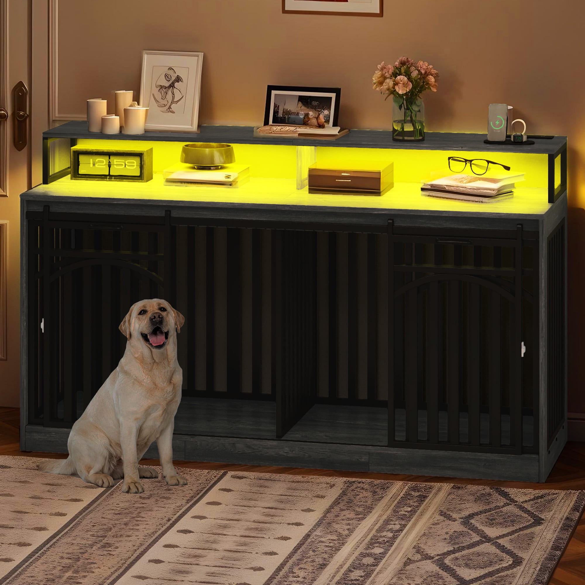 Craftian 71" Dog Crate Furniture, TV Stand with LED Lighting and Power Outlets, Dog Kennel for Large Dogs - Black Oak