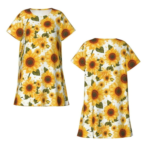 Horeoi Yellow Polka Dot Sunflower Print Women's Short-sleeved Nightdress Breathable Cotton-like Material Loose A-line Knee-length