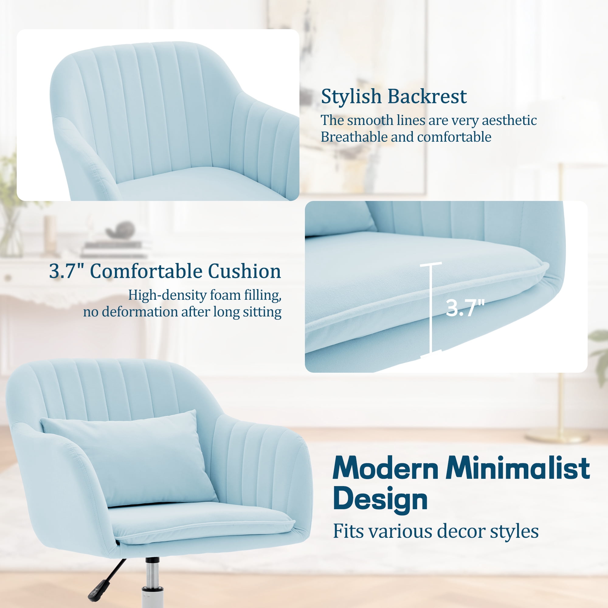Korser Adjustable High Vanity Chair with Pillow Velvet Swivel Desk Chair with Wheels,Space-Saving Makeup Computer Chair,Home Office Desk Chair,Blue