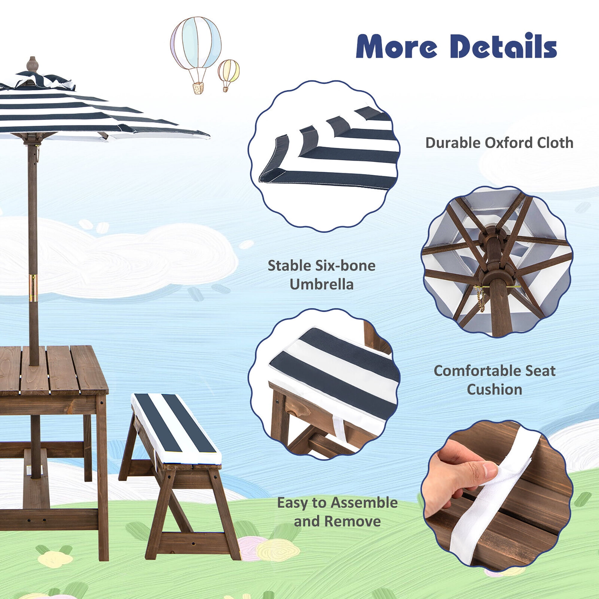 Gymax Kids Wood Picnic Table and Bench Set w/ Cushions Umbrella for Indoor Outdoor Blue