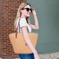thumbnail image 3 of Large handbag, summer beach bag ladies shoulder bag with leather handles tassel handle bag women beach bag crossbody bag shopping bag raffia bag for travel daily (beige-white)-Khaki, 3 of 5