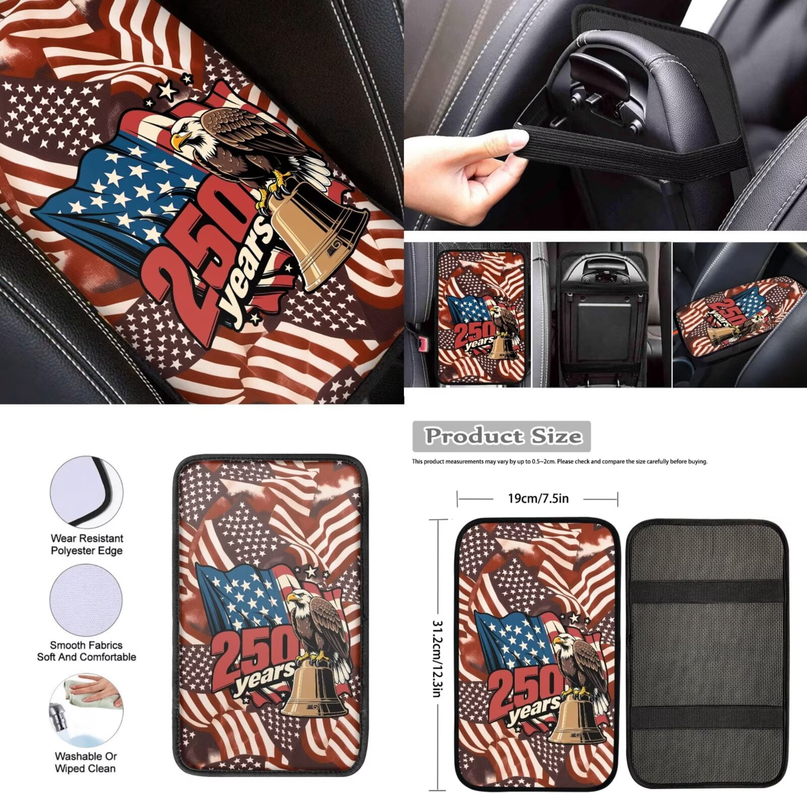 Jeiento 250th Anniversary Car Seat Covers Front Rear Split Bench Full Set Steering Wheel Seat Belt Pads American Eagle Armrest Pad Flag Coasters Key Chain, 13 PCS Auto Interior Accessories