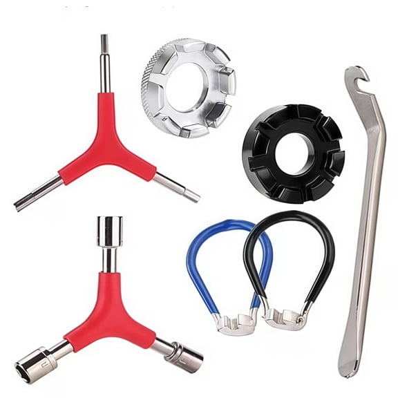 Bicycle Spoke Wrench Bike Spoke Tool Portable Bicycle Spoke Tool Kit with 1 Piece Tire Lever Bike Rim Correct Kit Cycling Pocket Tools for Bike Repair, Totally 7 Pieces Spoke Tool Kit