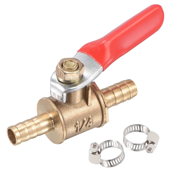 Unique Bargains Brass Air Ball Valve Shut Off Switch, 6mm Hose Barb to 6mm Hose Barb with Clamps Red Handle