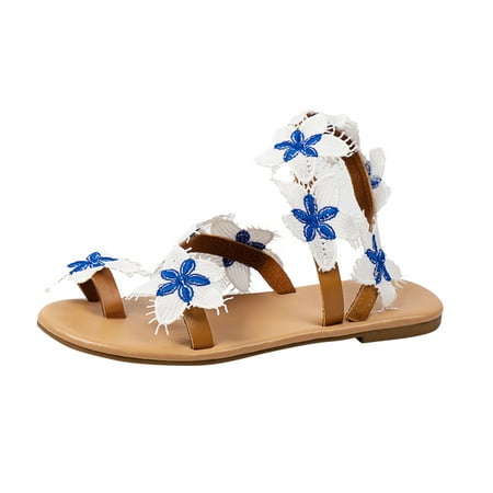 

Cathalem Ladies Fashion Summer Bohemian Cloth Face Flower Decorative Flat Sandals Blue 38