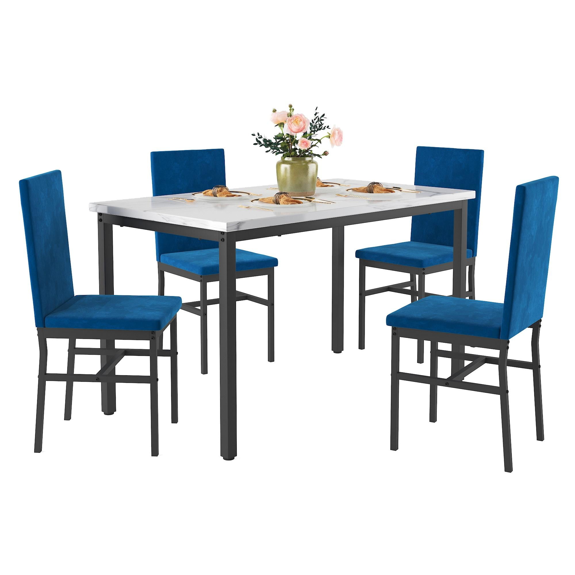 5 Piece Kitchen Dining Table and Chair Set, Dining Room Table Set with Faux Marble Table Velvet Padded Chairs, Rectangle Dining Table Set for 4, Dinette Set for Kitchen Dining Room Small Space