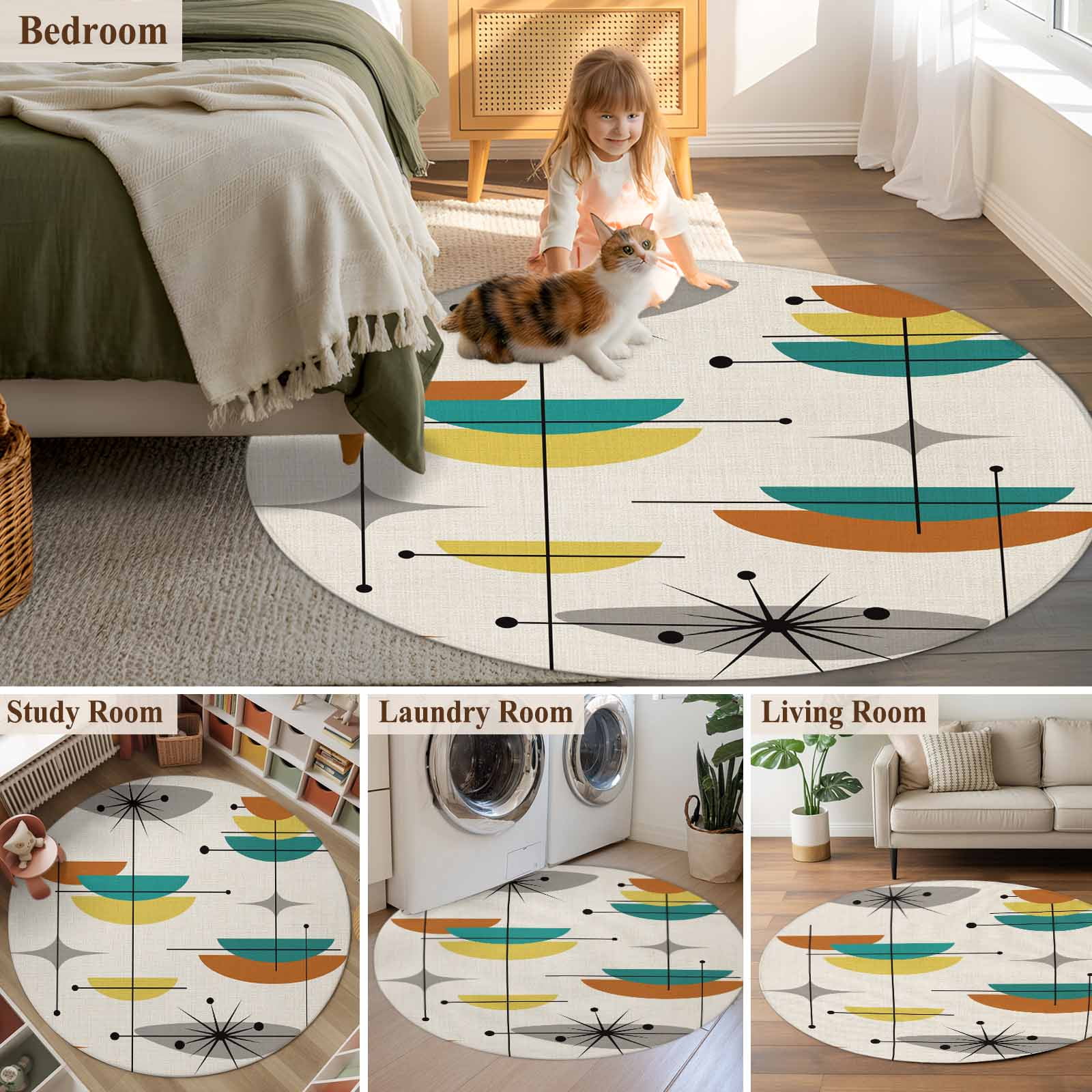 Boho Modern Round Rugs 8ft, Middle Century Teal Yellow Orange Geometric Non Slip Washable Rug Runner, Low Pile Indoor Floor Carpet Mat Bathroom Rugs for Living Room, Bedroom, Kids Room