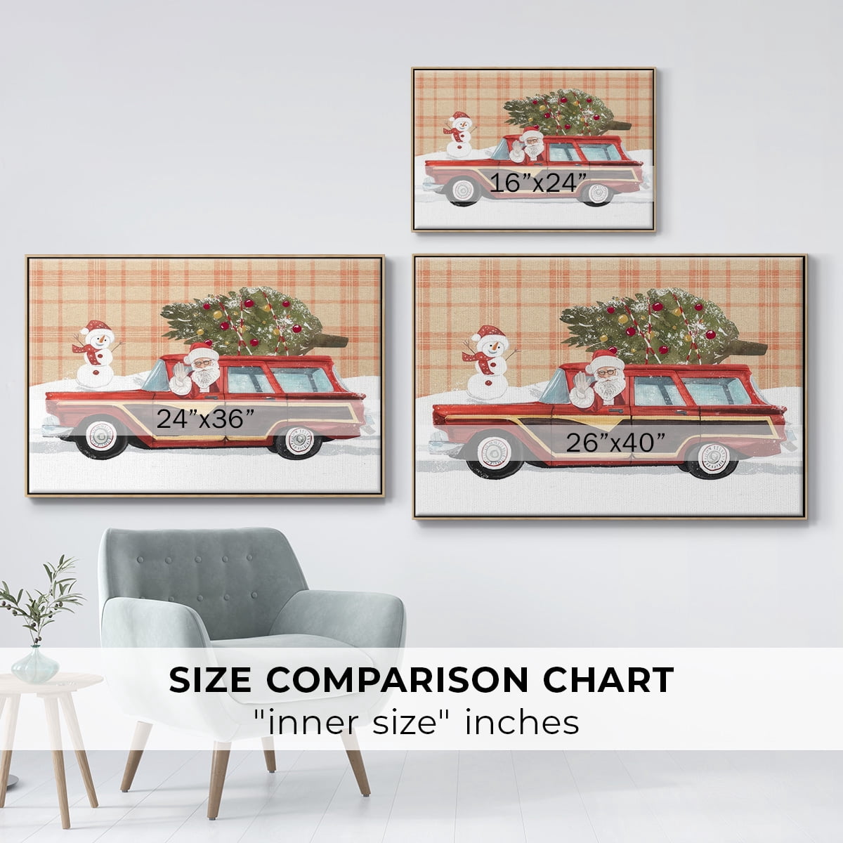 Santa on Wheels I - Framed Gallery Wrapped Holiday Canvas - 25 x 37 - Natural Wood Frame