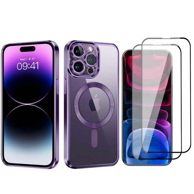 3 in 1 Magnetic Case for iPhone 14 Plus 6.7-Inch with 2 Pack Tempered Glass Screen Protectors, Compatible with , Translucent Matte Back Shockproof Phone Cover (Purple)