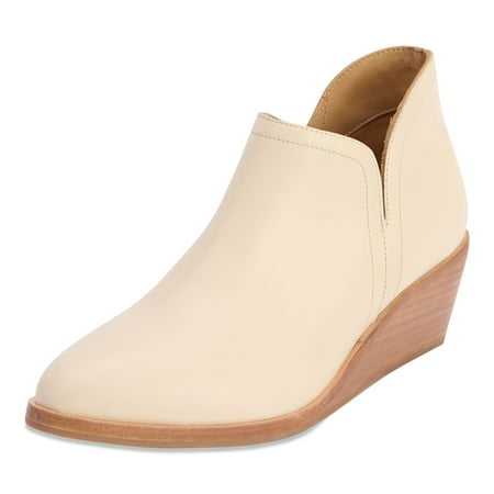 YDN Women Fashion Almond Closed Toe V Cutout Booties Wedge Low Heel Pull On Ankle Boots Formal Business Office Shoes Size 7 Beige