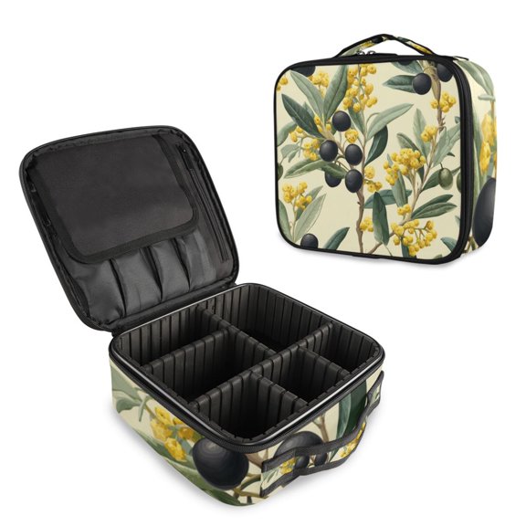 Makeup Train Case with Adjustable Dividers,Cosmetic Bag Portable Portability Bag Case Gifts Olive Branches with Leaves