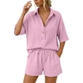 thumbnail image 2 of Women's Cotton Linen Solid Two Piece Outfit Casual Stylish Short Sleeve Shirt With Elastic Waist Shorts Breathable Lightweight Comfortable Summer Daily Wear Pink S, 2 of 8
