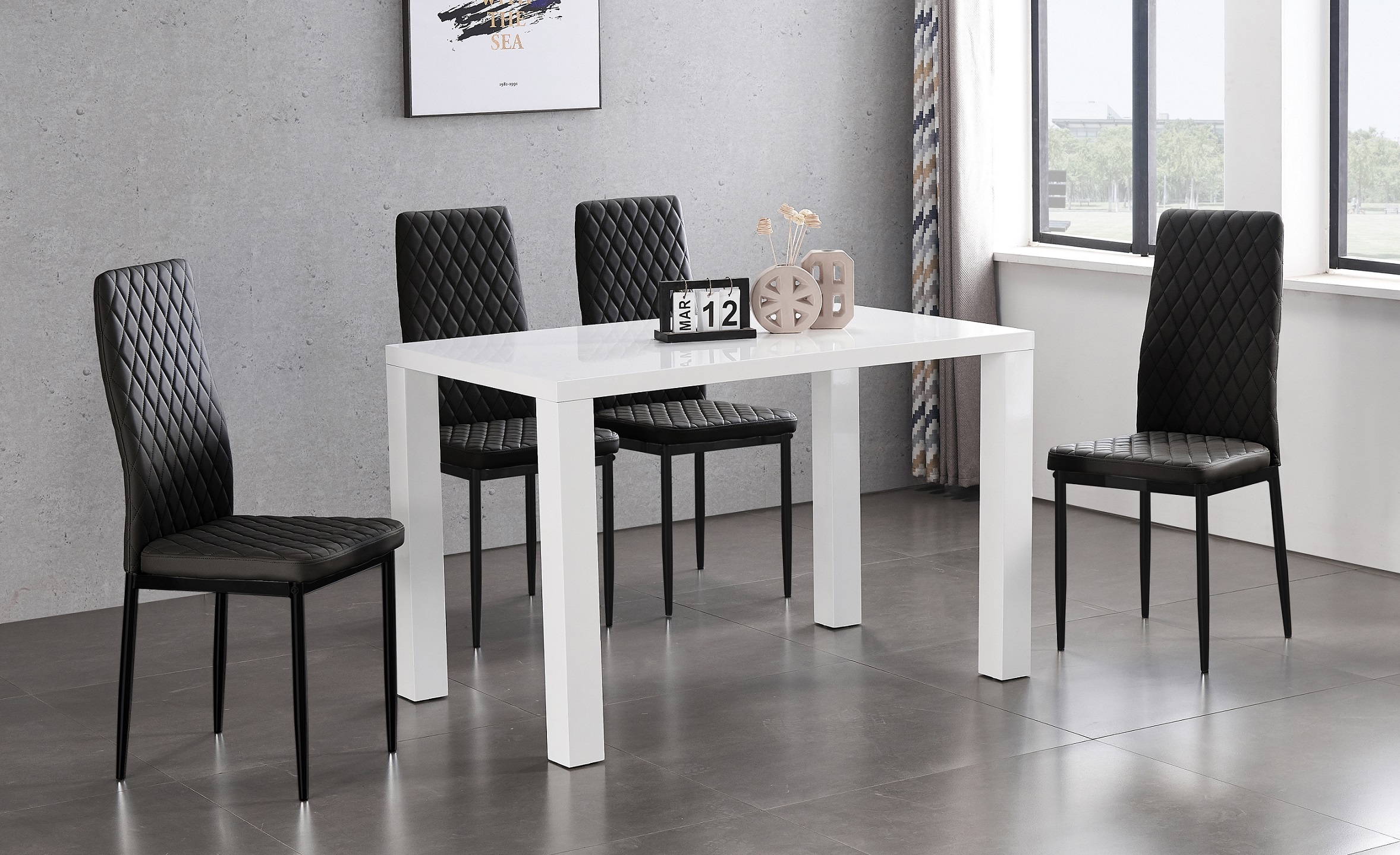 JT Modern Dining Chairs - Set Of 4 Or 6, Black & Silver, Fireproof PU Leather, Diamond Stitch, Metal Frame