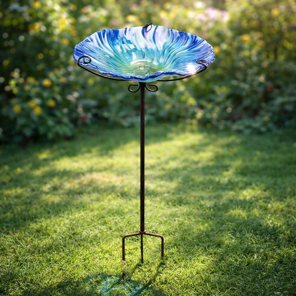 Outdoor Bird Bath, Birdbath With Metal Stand, Wavy Bird Bath, Birdfeeder, For Garden,Patio, Blue