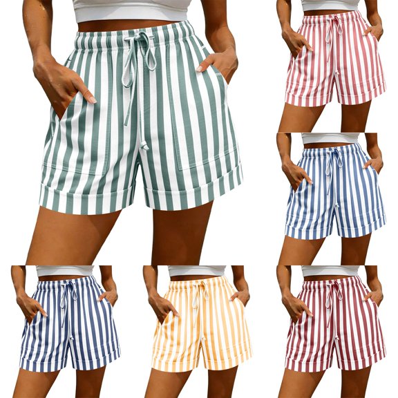 Women's Summer Shorts Elastic Waist Striped Beach Casual Loose With Pocket Shorts